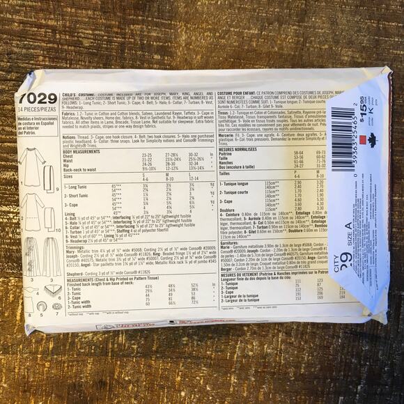 Simplicity Sewing Pattern 7029 Kids Nativity Christmas Pageant Costumes UNCUT - Picture 2 of 2